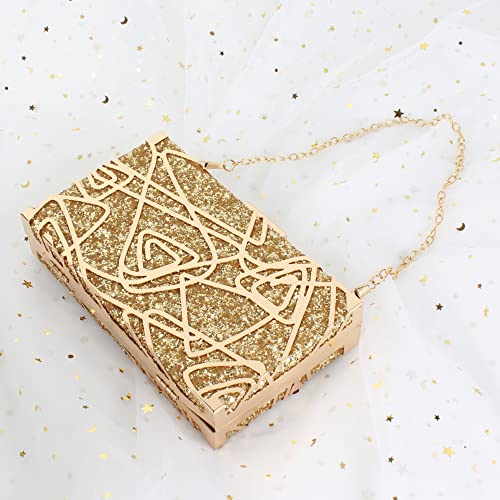 Women Lattice Pattern Metal Handbag Chain Geometric Evening Clutch Purse, Gold