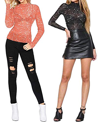Women's Long Sleeve Short Sleeve Glitter Sheer Mesh Tops T Shirt Blouse Clubwear