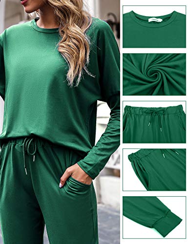 Women's Long Sleeve Loungewear Crewneck Pullover Tops Long Pants Sweatsuits Tracksuits with Pockets Army Green