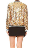 Womens Sequin Long Sleeve Front Zip Jacket with Ribbed Cuffs, Gold, Small