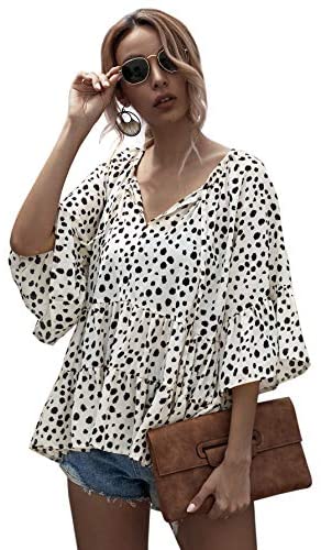 Women's Casual V Neck Flounce 3/4 Sleeve Top Ruffle Loose Blouse