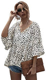 Women's Casual V Neck Flounce 3/4 Sleeve Top Ruffle Loose Blouse
