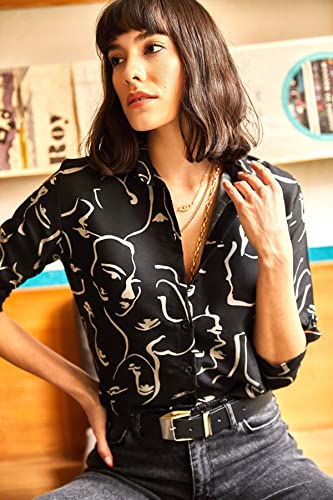 Blouses for Women Fashion, Casual Long Sleeve Button Down Shirts Tops Black Geometric Print (Upto 3XL))