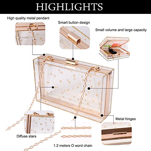 Women Acrylic Transparent Gold star Evening Bags Purses Clutch Vintage Banquet Handbag (Pink) Medium