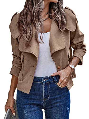 Faux Suede Jacket for Women Casual Long Sleeve Button Notch Collar Short Moto Biker Coat Fall Dark Khaki Small