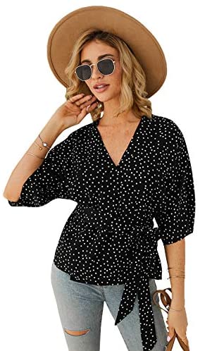 Women's Casual Polka-Dot 3/4 Sleeve V-Neck Blouse Tie Waist Pullover Top