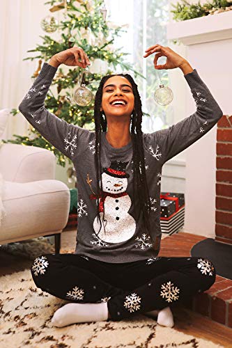 Women's Gray Sequin Snowman Christmas Sweater Size Small