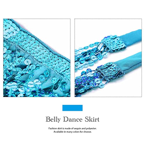 Belly Dance Hip Skirt Tassel Scarf Sequin Wrap Rave Costume for Women (Blue)