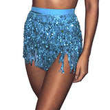 Belly Dance Hip Skirt Tassel Scarf Sequin Wrap Rave Costume for Women (Blue)