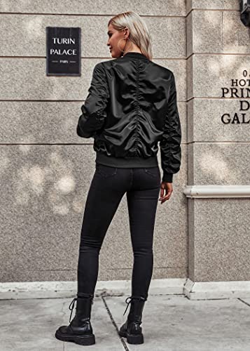 Womens Casual Jackets Long Sleeve Lightweight Fall Satin Bomber Jacket Zip Up Biker Windbreaker Coat with Pockets