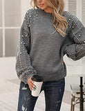 Women's Chunky Sweater Crewneck Sweatshirt Knit Lantern Sleeve Oversized Pullover Sweater with Pearls (Large, Grey)