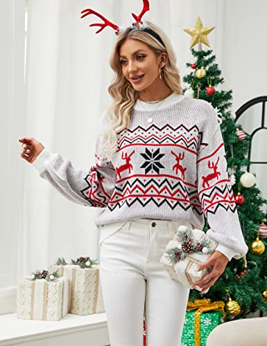 Women's Chunky Sweater Crewneck Sweatshirt Knit Lantern Sleeve Oversized Pullover Sweater with Pearls (Large, Grey)