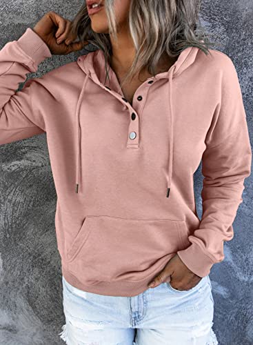Womens Casual Hoodies Long Sleeve Drawstring Lightweight Solid Hooded Sweatshirt Button Loose Pullover Tops Fall Clothes with Pocket
