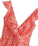 Women's Tie Back Ruffle V Neck Halter Backless Ditsy Floral Romper Jumpsuit