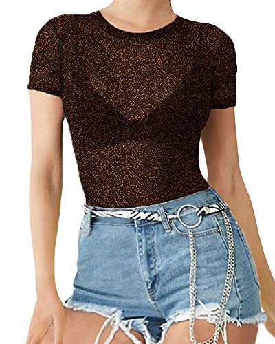 Women's Long Sleeve Short Sleeve Glitter Sheer Mesh Tops T Shirt Blouse Clubwear