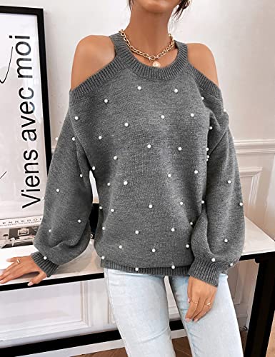 Women's Chunky Sweater Crewneck Sweatshirt Knit Lantern Sleeve Oversized Pullover Sweater with Pearls (Large, Grey)