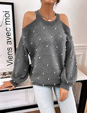 Women's Chunky Sweater Crewneck Sweatshirt Knit Lantern Sleeve Oversized Pullover Sweater with Pearls (Large, Grey)