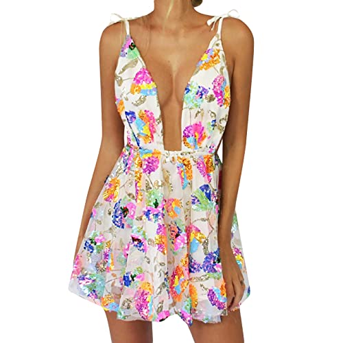 Women Girls Backless Sequin Dresses Spaghetti Strap Deep V-Neck A-line Short Dress Sparkly Party Clubwear