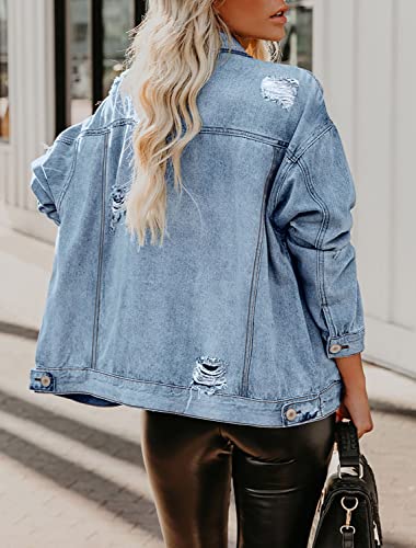Denim Jacket for Women Distressed Ripped Frayed Crop Jean Jacket American Flag Long Sleeve Light Blue Button Closure Bike Coat