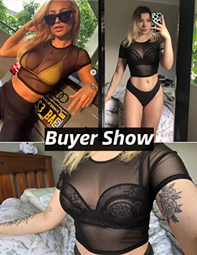 Mesh Crop Tee Short Sleeve See Thru Shirts Sexy Sheer Tops for Women B Divahotcouture Mesh Crop Tee Short Sleeve See Thru Shirts Sexy Sheer Tops for Women B Divahotcouture