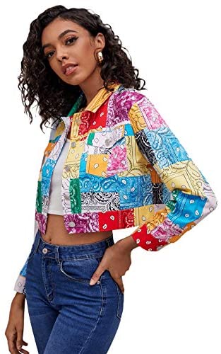 Women's Colorblock Long Sleeve Printed Coat Button Crop Jacket with Pockets