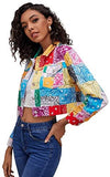 Women's Colorblock Long Sleeve Printed Coat Button Crop Jacket with Pockets