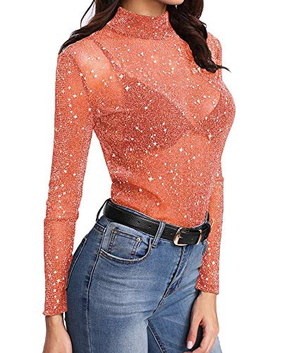 Women's Long Sleeve Short Sleeve Glitter Sheer Mesh Tops T Shirt Blouse Clubwear