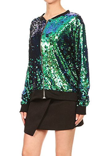 Womens Sequin Long Sleeve Front Zip Jacket with Ribbed Cuffs, Gold, Small