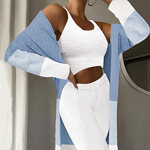 Womens Fuzzy Fleece 3 Piece Pajama Set Tank Crop Tops Pants Open Front Cardigan Lounge Outfit Light Blue S