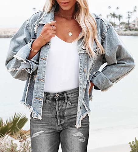 Denim Jacket for Women Distressed Ripped Frayed Crop Jean Jacket American Flag Long Sleeve Light Blue Button Closure Bike Coat