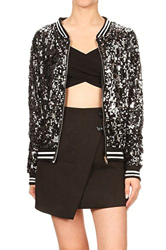 Womens Sequin Long Sleeve Front Zip Jacket with Ribbed Cuffs, Gold, Small