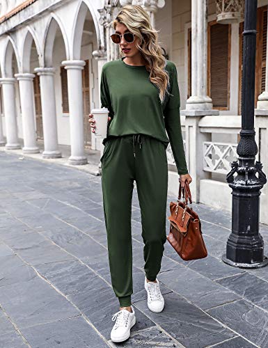 Women's Long Sleeve Loungewear Crewneck Pullover Tops Long Pants Sweatsuits Tracksuits with Pockets Army Green
