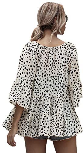 Women's Casual V Neck Flounce 3/4 Sleeve Top Ruffle Loose Blouse