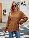 Women's Chunky Sweater Crewneck Sweatshirt Knit Lantern Sleeve Oversized Pullover Sweater with Pearls (Large, Grey)
