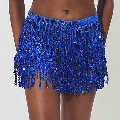 Belly Dance Hip Skirt Tassel Scarf Sequin Wrap Rave Costume for Women (Blue)