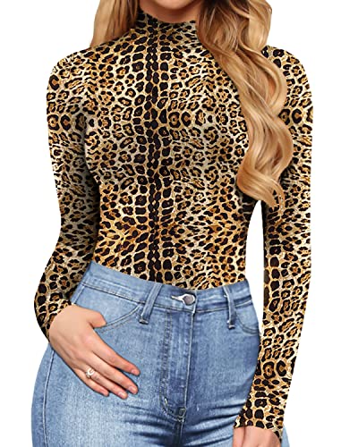 Women's Mock Turtle Neck Long Sleeve Tops Bodysuit Jumpsuit (A Long Sleeve Black)