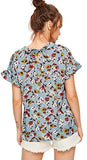 Women's Peter Pan Collar Floral Blouse Short Ruffle Sleeve Babydoll Shirt Top
