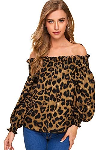 Women's Off Shoulder Long Sleeve Leopard Shirred Frill Top Blouses