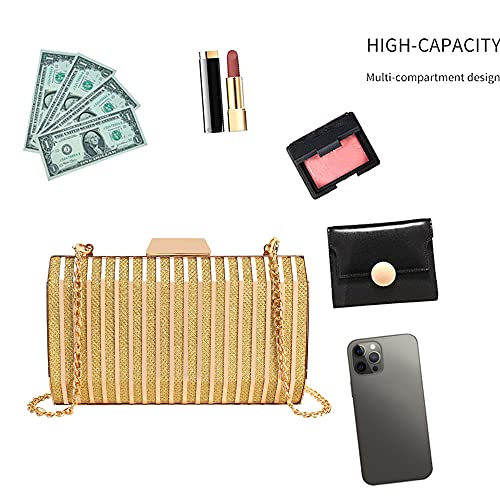 Women Lattice Pattern Metal Handbag Chain Geometric Evening Clutch Purse, Gold