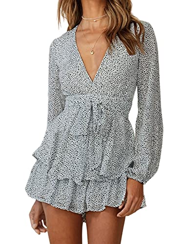 Women's Jumpsuit Floral Print V Neck Baggy Sleeve Waist Tie Double Layer Ruffle Hem Short Mini Dress Romper