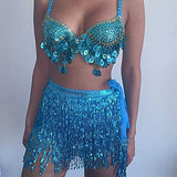 Belly Dance Hip Skirt Tassel Scarf Sequin Wrap Rave Costume for Women (Blue)