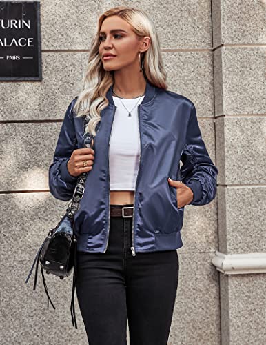 Womens Casual Jackets Long Sleeve Lightweight Fall Satin Bomber Jacket Zip Up Biker Windbreaker Coat with Pockets