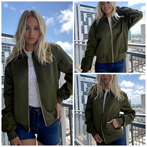 Womens Casual Jackets Long Sleeve Lightweight Fall Satin Bomber Jacket Zip Up Biker Windbreaker Coat with Pockets