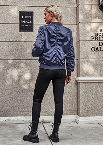 Womens Casual Jackets Long Sleeve Lightweight Fall Satin Bomber Jacket Zip Up Biker Windbreaker Coat with Pockets