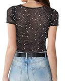 Women's Long Sleeve Short Sleeve Glitter Sheer Mesh Tops T Shirt Blouse Clubwear