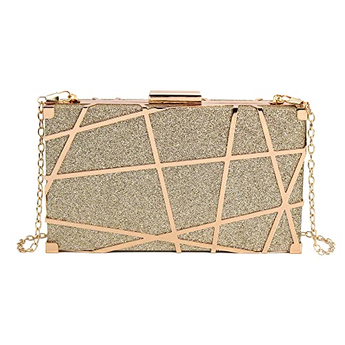 Women Lattice Pattern Metal Handbag Chain Geometric Evening Clutch Purse, Gold