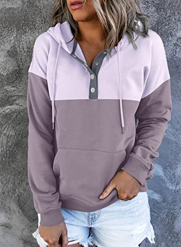 Womens Casual Hoodies Long Sleeve Drawstring Lightweight Solid Hooded Sweatshirt Button Loose Pullover Tops Fall Clothes with Pocket