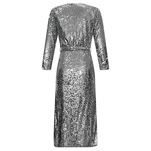 Womens Spring Autumn Sequins Open Front Covers Up Overcoat Long Sleeve See Through Slim Belted Cardigan Coat Windbreaker Jacket Party Club Dress Silver(Order one or Two Size Up )