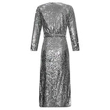 Womens Spring Autumn Sequins Open Front Covers Up Overcoat Long Sleeve See Through Slim Belted Cardigan Coat Windbreaker Jacket Party Club Dress Silver(Order one or Two Size Up )