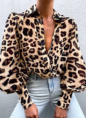 Women's Leopard Print Button Down Shirt - Long Sleeve, V Neck, Business Casual